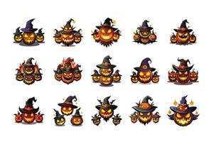 Halloween line art designs of skeletons, pumpkins, and witch hats ideal for party invitations, T-shirts, or digital downloads. vector