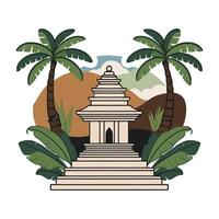 An illustration of a temple with palm trees and a mountain vector