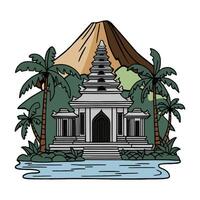 An image of a temple with palm trees and a mountain vector