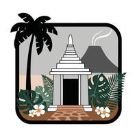 a temple with palm trees and a volcano vector