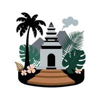 a temple with palm trees and a mountain vector
