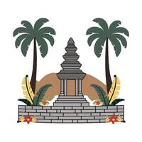The temple and palm trees are in the background vector