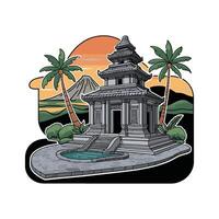 A temple with palm trees and a mountain in the background vector