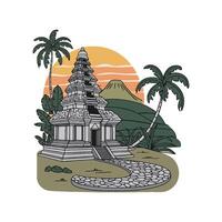 a temple with palm trees and mountains vector