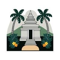 An illustration of a temple with palm trees and flowers vector