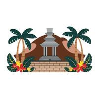 The flag of bali island with palm trees and a temple vector