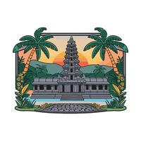 An image of a temple with palm trees and a sunset vector