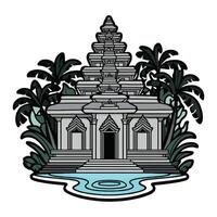 An ancient temple with water and palm trees vector