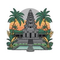 a temple with palm trees and water vector