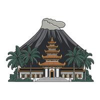 A temple with a volcano in the background vector