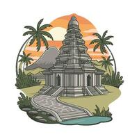 a temple with palm trees and mountains vector