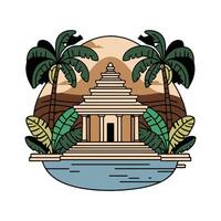 An illustration of a temple with palm trees and water vector
