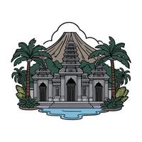An image of a temple with palm trees and water vector