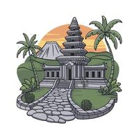A temple with palm trees and a mountain in the background vector