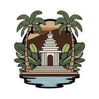 An image of a temple with palm trees and water vector