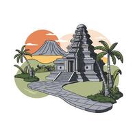 An illustration of a temple with palm trees and a mountain vector