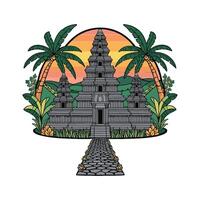 An image of a temple with palm trees and a sunset vector