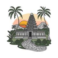 a temple with palm trees and a sunset vector