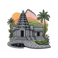An illustration of a temple with palm trees and mountains vector