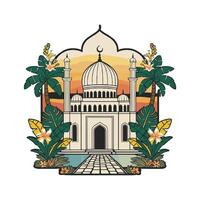 The mosque and palm trees in the background vector