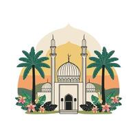 Islamic mosque with palm trees and flowers vector