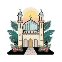 Islamic mosque with palm trees and sun vector