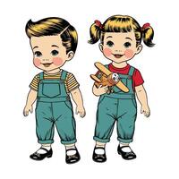 Two children in overalls holding a toy airplane vector