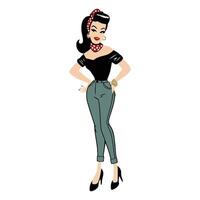 A cartoon pin up girl in a black top and green pants vector