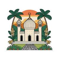 An illustration of a mosque with palm trees and a sunset vector