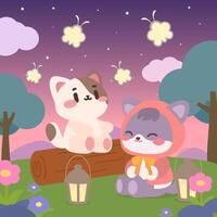 A cute illustration featuring two adorable cats sitting on a log under a serene twilight sky, surrounded by glowing fireflies and lanterns. vector