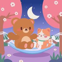 An adorable illustration of a bear and a cat relaxing together on a hammock under cherry blossom trees during a peaceful night. Kawaii bear and cat swinging on a hammock under starry sky. vector