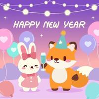 Adorable illustration of a fox and bunny celebrating New Year with festive balloons, string lights, and a cheerful atmosphere in a vibrant cartoon style. vector