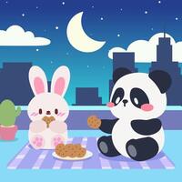 An illustration of a bunny and panda enjoying cookies on a rooftop under a moonlit night. Cute bunny and panda enjoy cookies at night. vector