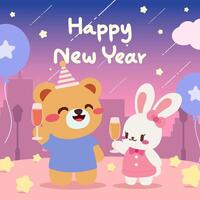 Happy New Year Celebration with Bear and Bunny. Cartoon Bear and Bunny Partying for New Year. vector