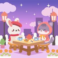 Kawaii bunny and cat enjoying tea and waffles at twilight. Adorable evening tea party with bunny and cat friends. vector