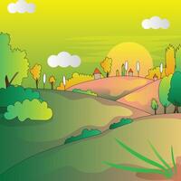 Beautiful Simple 2d cartoon illustration of a nature landscape and Sunset on a village field with trees and bush. vector