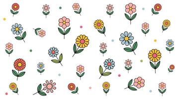 Beautiful cute and colorful flowers with leaves seamless pattern illustration on white background. vector