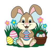 Easter bunny with eggs and flowers vector