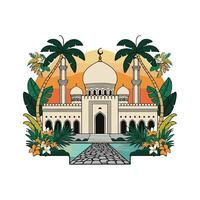 Islamic mosque with palm trees and flowers vector