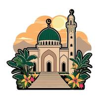 Islamic mosque with green dome and palm trees vector
