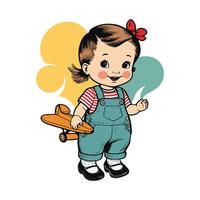 Retro girl with airplane vector