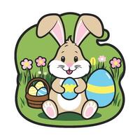 Easter bunny with basket of eggs and flowers vector