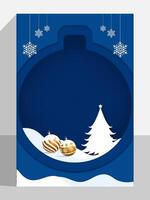 Christmas greeting card poster on blue and white color with snow and xmas pine tree elements vector