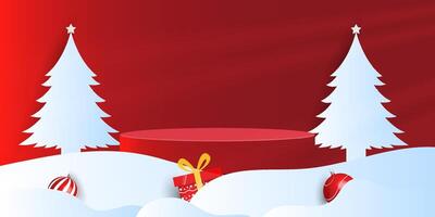 christmas Podium background with snow trees and xmas ornaments. vector