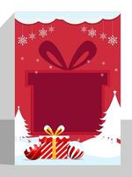 Christmas card poster with snow gift box and xmas pine tree elements on red color vector