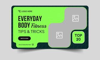 Everyday body fitness unique tips and tricks thumbnail banner design, daily workout plan techniques cover banner design, fully customizable eps 10 file format vector