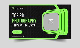 Top photography tips and tricks thumbnail banner design, daily photography techniques cover banner design, fully customizable eps 10 file format vector
