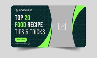 Editable food recipe techniques cover banner design, daily food review tips and tricks thumbnail banner design, customizable eps 10 file format vector