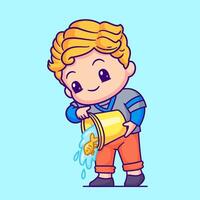 Cute Man Pouring Fish From Bucket Cartoon vector