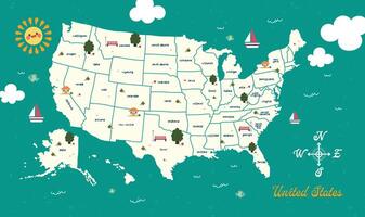 Colorful USA map featuring state names. Poster design with a geographic and political theme, ideal for infographics or graphic design projects. Includes a detailed print of USA states for educational vector